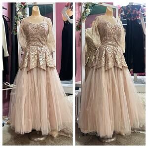 Pink Lace Sequined Formal Prom Party Evening Dress Ball Gown Full Skirt S/M
